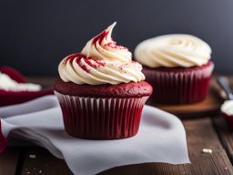 a perfectly frosted red velvet cupcake, crowned with a swirl of cream cheese frosting. 