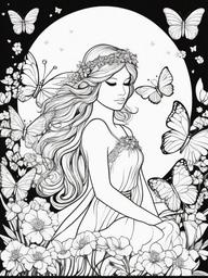 Fairy with Butterflies Coloring Pages - Gentle Fairy Surrounded by Colorful Butterflies  minimal black outline printable sheet, coloring page