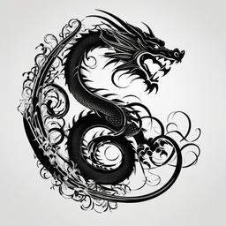 Black and White Dragon Tattoo - Dragon tattoos featuring a classic black and white color scheme.  simple color tattoo,minimalist,white background