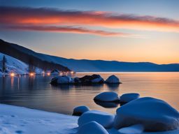 lake baikal, russia - capture the tranquility of lake baikal, the world's deepest freshwater lake, with its shores bathed in moonlight. 