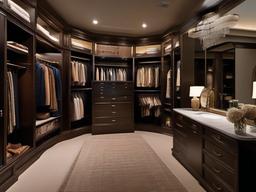 In the walk-in closet, vintage interior design includes elegant cabinetry, antique mirrors, and a cozy atmosphere that creates a stylish and luxurious dressing area.  