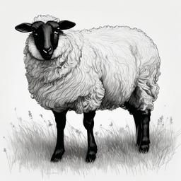 drawing of a sheep in a pasture  minimal rough sketch scribbles,doodles,black and white