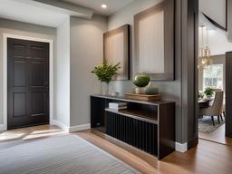 The foyer features urban modern interior design with clean lines, minimalist decor, and a warm welcome that invites guests into a sophisticated home.  