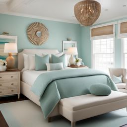 coastal bedroom with a beach-inspired color scheme and seashell accents. 