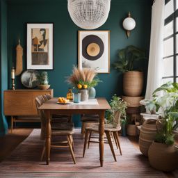 boho-chic dining room with a mix of vintage and eclectic furnishings. 