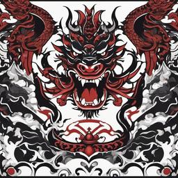 Dragon and Oni Tattoo - Features a dragon motif alongside the fearsome Oni, creating a powerful and mythical tattoo design.  simple color tattoo,white background,minimal