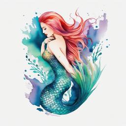 Mermaid Watercolor Tattoo - Infuse artistic vibrancy with a watercolor-inspired mermaid-themed tattoo.  simple vector color tattoo,minimal,white background
