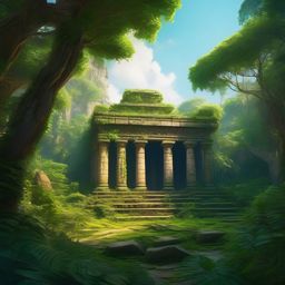 Ancient ruins of a forgotten temple, now overgrown with lush greenery, echo with the whispers of history, a place where time stands still. hyperrealistic, intricately detailed, color depth,splash art, concept art, mid shot, sharp focus, dramatic, 2/3 face angle, side light, colorful background
