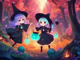 Kawaii anime witch and magical witch companion, with pointed hats and bubbling cauldrons, conjuring colorful spells in a magical forest, as a matching pfp for friends. wide shot, cool anime color style