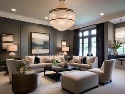 Transitional living room seamlessly blends classic elegance and modern sensibility with a tailored sofa, sleek lighting fixtures, and a color palette of soft, luxurious neutrals.  