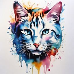 Abstract paw in watercolor tattoo: Fluid expression capturing the grace of cat prints.  color tattoo style, white background