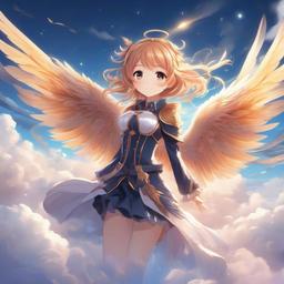 Anime character with magical wings soaring through the clouds.  front facing ,centered portrait shot, cute anime color style, pfp, full face visible