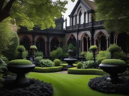 In the garden, Gothic interior design highlights dramatic landscaping, dark sculptures, and ornate planters that create a stunning outdoor retreat for relaxation and contemplation.  