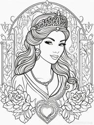 Princess with Heart Coloring Pages - Royalty Surrounded by Love and Kindness  minimal black outline printable sheet, coloring page