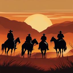 Movie clipart - western movie scene with cowboys and a sunset  color,minimalist,vector clipart