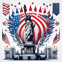 Patriotic Tattoo-Statue of Liberty silhouette with patriotic elements, celebrating the spirit of independence. Colored tattoo designs, minimalist, white background.  color tattoo, minimal white background