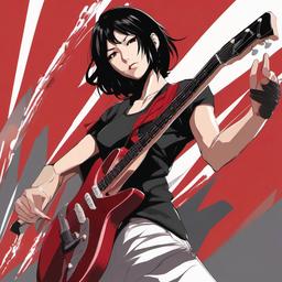 A (((mature handsome cool anime girl))) with short  black flowing hair and a cool expression, with brown eyes. Dressed in a stylish tshirt and pants, rocking out with own red stratocaster guitar  front facing ,centered portrait shot, cute anime color style, pfp, full face visible