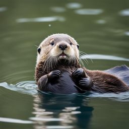 curious baby sea otter floating on its back, cracking open shellfish. 