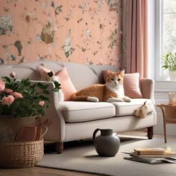 Cat Wallpaper - Playful Kittens in a Cozy Living Room  wallpaper style, intricate details, patterns, splash art, light colors