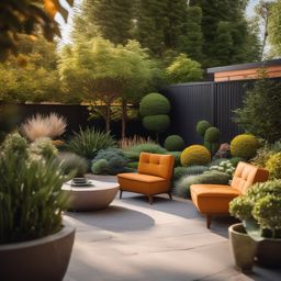 Retro Mid-Century Modern Garden - Design a garden with a touch of retro mid-century modern style. realistic, professional photography, bokeh, natural lighting, canon lens, shot on dslr 64 megapixels sharp focus