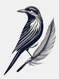 Bird with Feather Tattoo - Bird perched on a feather.  simple vector tattoo,minimalist,white background