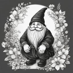 drawing of a gnome with flowers  minimal rough sketch scribbles,doodles,black and white