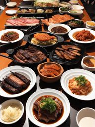 korean bbq extravaganza - grilled meats, kimchi, and an array of banchan for a communal feast. 