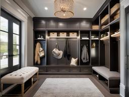 Luxury Glam mudroom offers stylish finishes, plush seating, and decorative accents that create an upscale yet functional entryway for guests.  