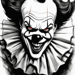 drawing of Pennywise with a menacing grin  minimal rough sketch scribbles,doodles,black and white