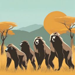 Baboon Troop Clip Art - Troop of baboons in the savanna,  color vector clipart, minimal style