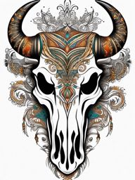 Bull skull with ornate patterns tattoo. Symbol of intricate power.  color tattoo design, white background