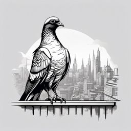 Pigeon Tattoo - Pigeon perched on the edge of a city rooftop  few color tattoo design, simple line art, design clean white background