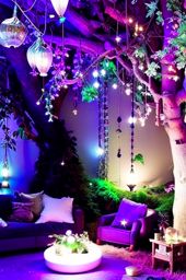 enchanted forest living room with mystical tree sculptures and fairy lights. 
