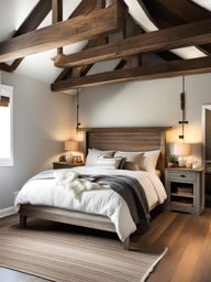 rustic farmhouse bedroom with reclaimed wood furniture and cozy textiles. 