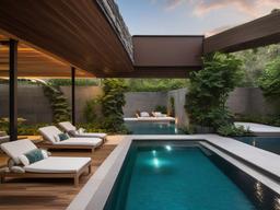 Biophilic interior design in the pool area features natural stone surfaces, comfortable loungers, and surrounding plants, creating a refreshing and inviting outdoor retreat.  