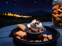 rocky road ice cream shared at a campfire under the starry night sky. 