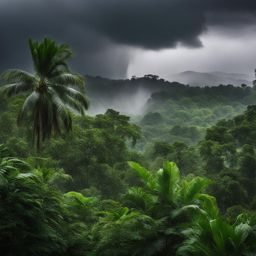 tropical rainstorm, experiencing a torrential downpour in a lush tropical rainforest. 