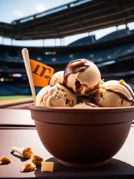 chocolate peanut butter cup ice cream indulged at a lively baseball game in the stadium. 