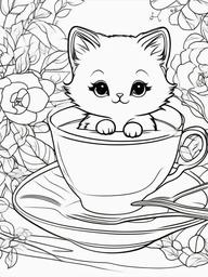 Kitten in a Teacup Coloring Pages - Adorable Scene of a Kitten  minimal black outline printable sheet, coloring page