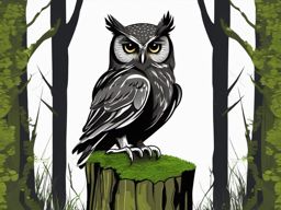 Owl Clipart - Owl perched on a mossy tree stump, representing wisdom , minimal, 2d