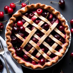 sour cherry pie filled with tart cherries and a lattice crust. 