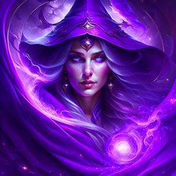 mysterious sorceress with flowing violet robes, conjuring a swirling vortex of magical energy. 