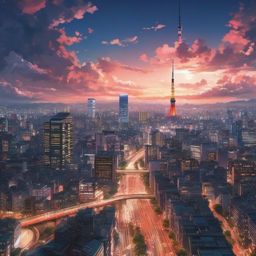 Anime Wallpaper iPhone - Iconic Anime Showdown in Tokyo Skyline  wallpaper style, intricate details, patterns, splash art, light colors