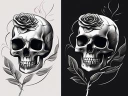 drawing of a skull and a rose growing from it  minimal rough sketch scribbles,doodles,black and white