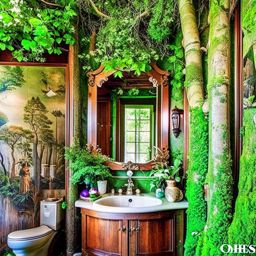 enchanted forest bathroom adorned with enchanting tree murals and mossy accents. 