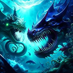 kraken vs leviathan - deep-sea behemoths engage in a colossal showdown at the bottom of the ocean, tentacles and jaws locked in battle. 