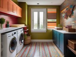 Eclectic laundry room combines unique fixtures, colorful tiles, and various decor styles, making it a lively and personalized space for laundry.  