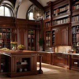 Classic Library Kitchen - Design a kitchen with classic library elements and bookshelves. , kitchen layout design ideas, multicoloured, photo realistic, hyper detail, high resolution,