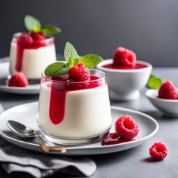 an individual serving of silky panna cotta, topped with a raspberry coulis and fresh mint. 