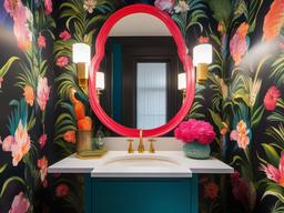 In the powder room, maximalist interior design includes bold wallpaper, playful fixtures, and an eclectic mix of decor that transforms a small space into a lively and inviting experience.  